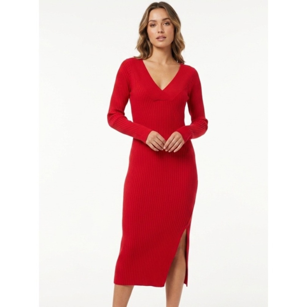 INC Sweater Dress Women Large Red Cherry Candy Ribbed V-Neck Midi Side Slit Chic
